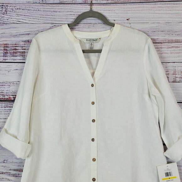 Ellen Tracy White Linen Shirt Size M Buttoned Tunic Top Roll Cuffed Sleeves NWT - Picture 4 of 11